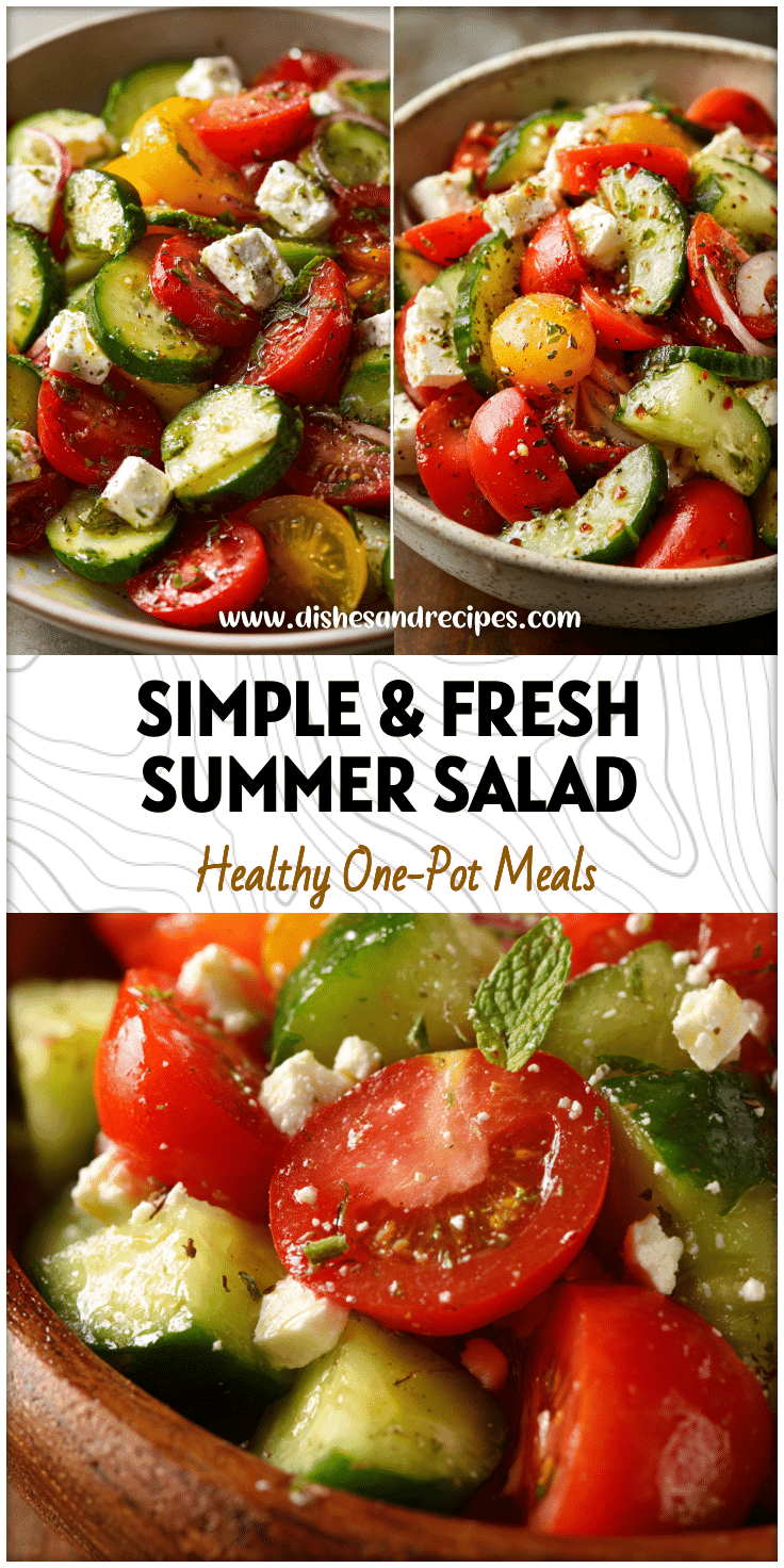Bowl of cucumber tomato feta salad topped with olive oil, a bright fresh salad recipe for summer days